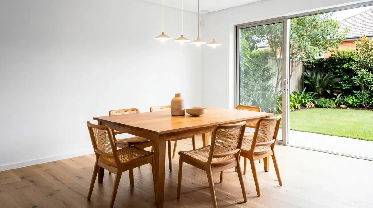 Freshly painted dining room with oak table, pendant lights and garden views in a Melbourne home