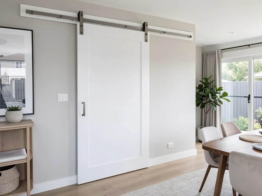 White painted sliding barn door in a modern Melbourne home with timber floors