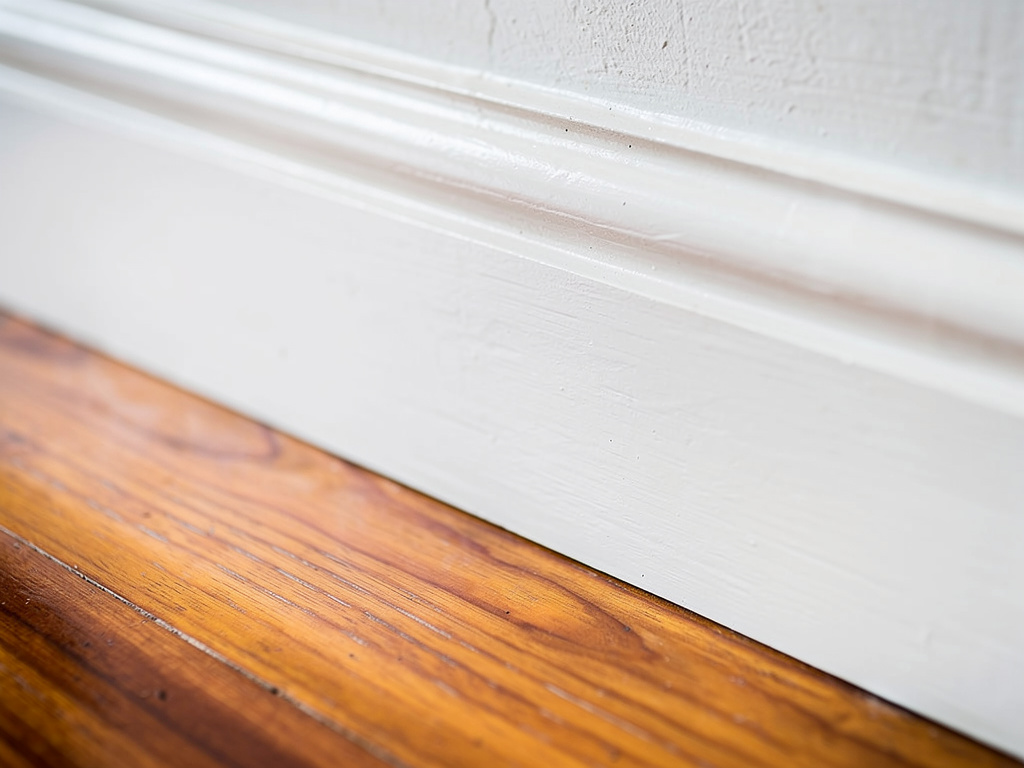 Close-up of freshly painted skirting board trim with a precision finish on timber flooring