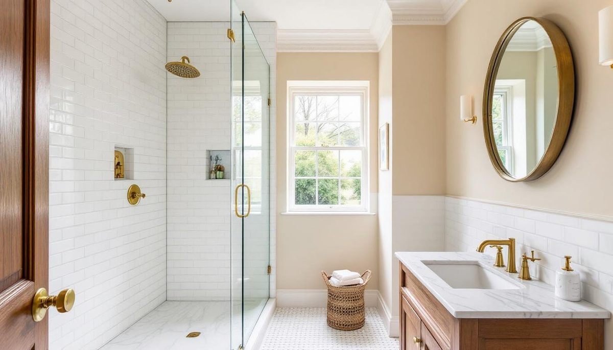 Freshly painted bathroom with warm tones, subway tiles, and glass shower screen in a Melbourne Edwardian home
