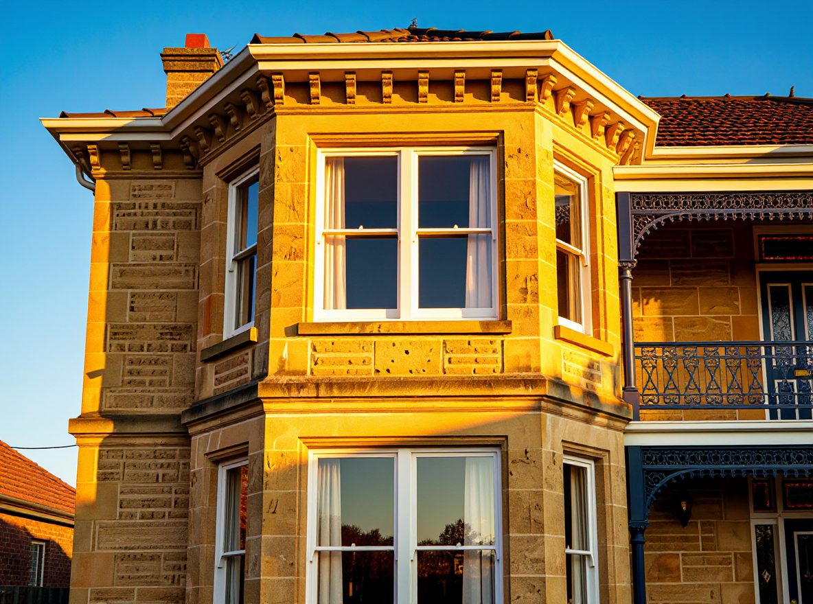 Detailed bay window painting on an Edwardian home in Essendon showing precise multi-colour heritage scheme