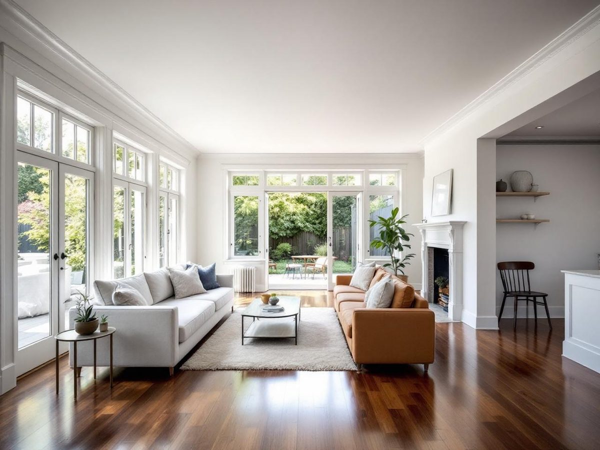 Bright open-plan family room with freshly painted white walls, french doors opening to garden, polished hardwood floors and fireplace in an Essendon Victorian home