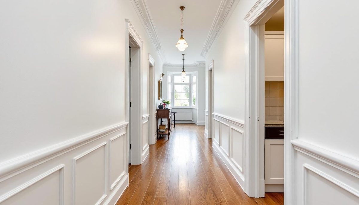 Victorian heritage hallway with freshly painted white wainscoting panels, ornate cornice, pendant lights and polished hardwood floors in an Essendon home