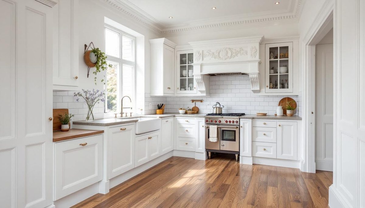 Heritage Victorian kitchen with white shaker cabinetry, subway tile splashback, ornate cornice, polished hardwood floors and natural light in a freshly painted Essendon home