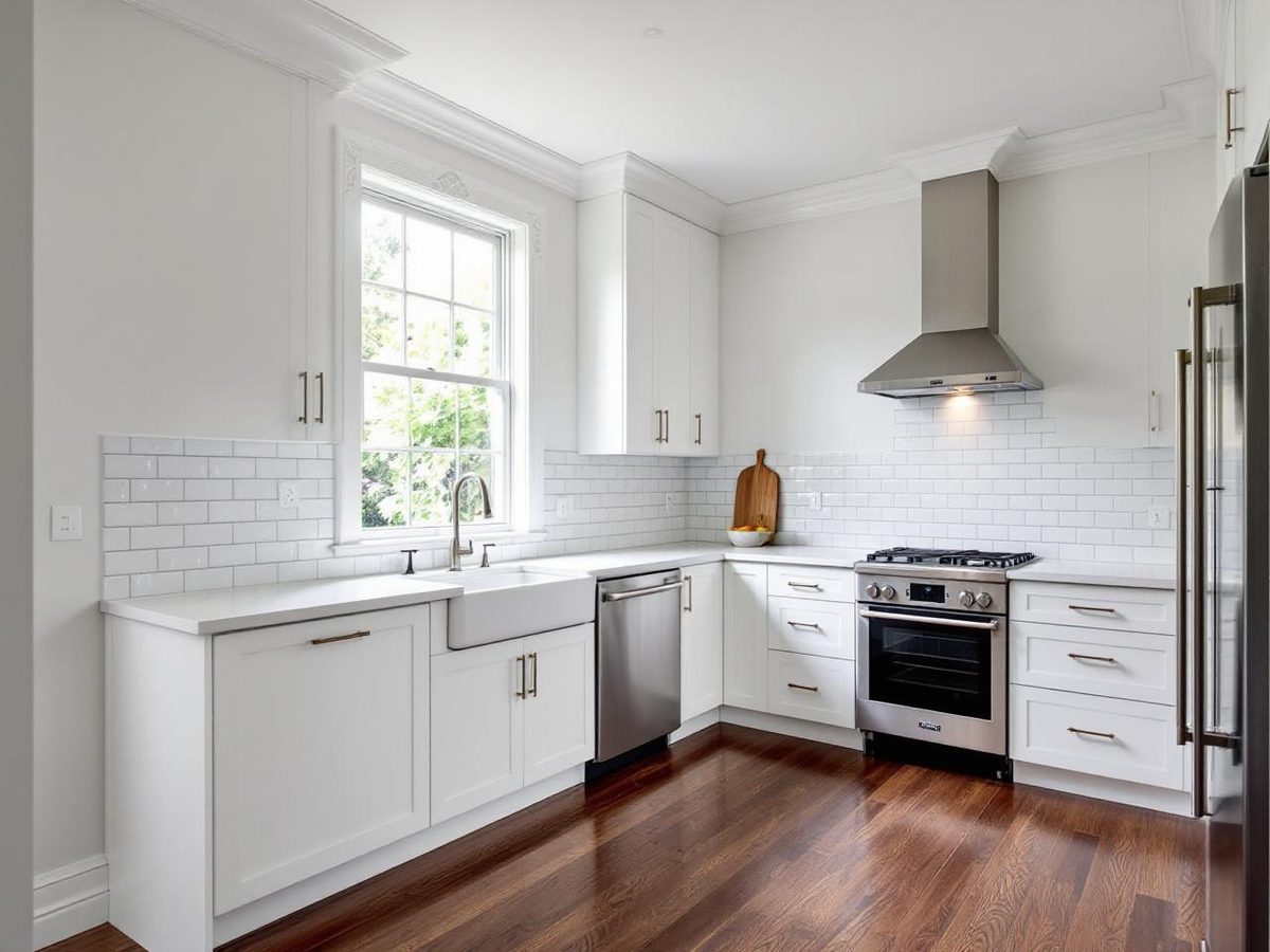 Freshly painted white kitchen cabinets with subway tile splashback in Essendon, Melbourne