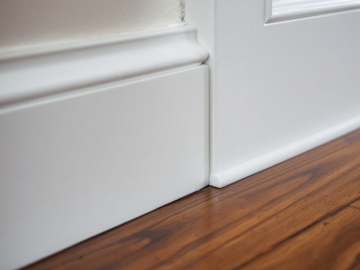Close-up of freshly painted skirting board detail showing clean enamel finish and sharp edges on a Melbourne home