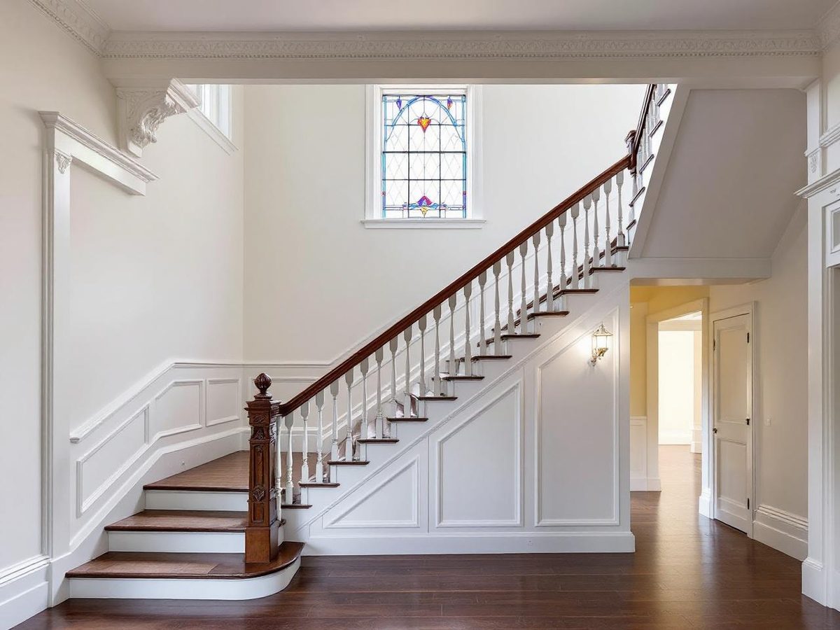 Heritage timber staircase with freshly painted white turned balusters, dark polished handrail, stained glass window and ornate cornice in an Essendon Victorian home