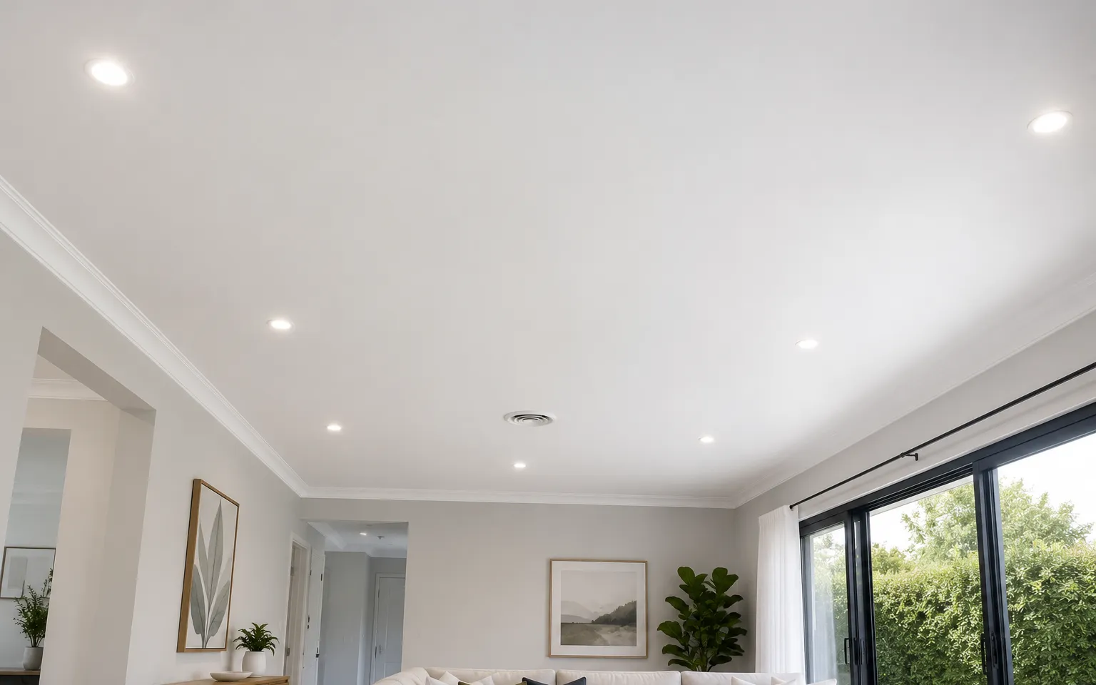 Flat white ceiling with cornice and downlights, ceiling painting in a Melbourne home