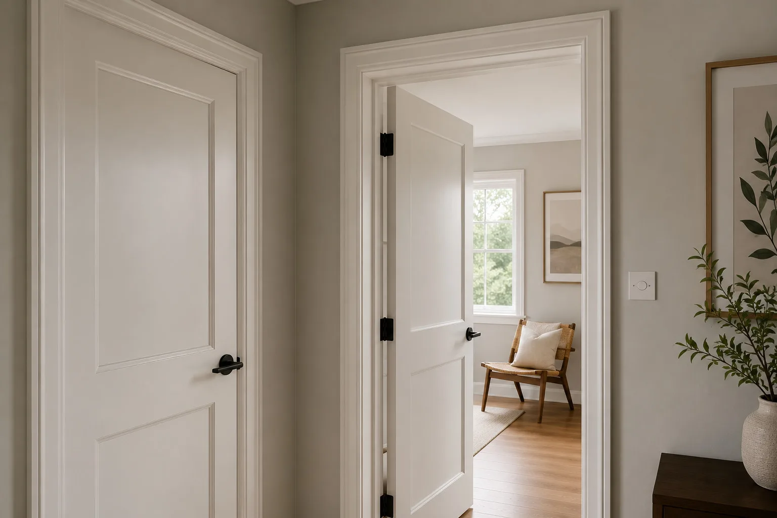 Freshly painted white internal doors and architraves in a Melbourne home, door and trim painting