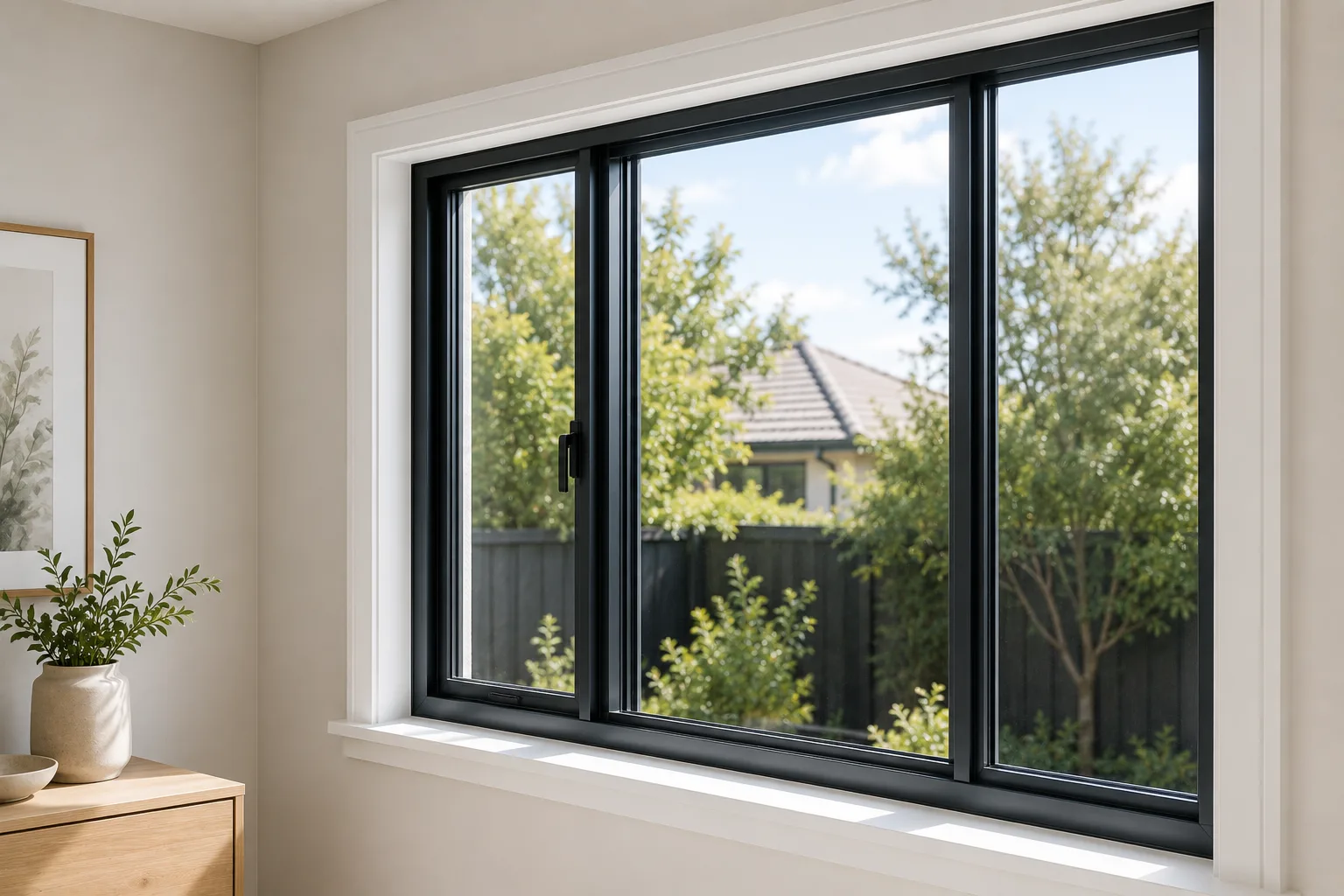 Freshly painted black aluminium window frame in a Melbourne home, painting window frames