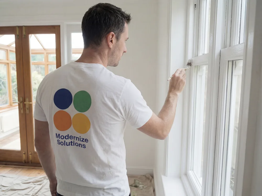 Modernize Solutions painter using a brush to paint window trims in a Melbourne home