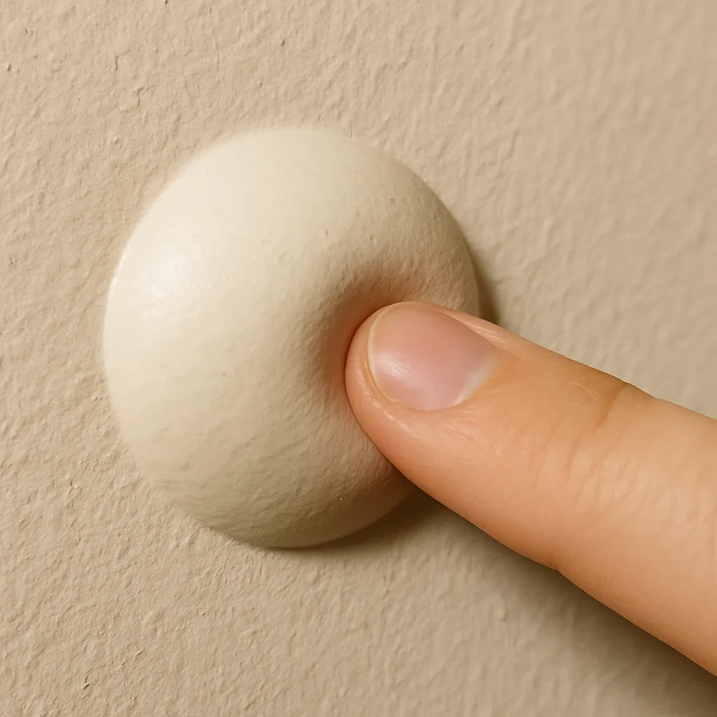 Close-up of a paint bubble on a wall being gently pressed by a finger to check for trapped moisture